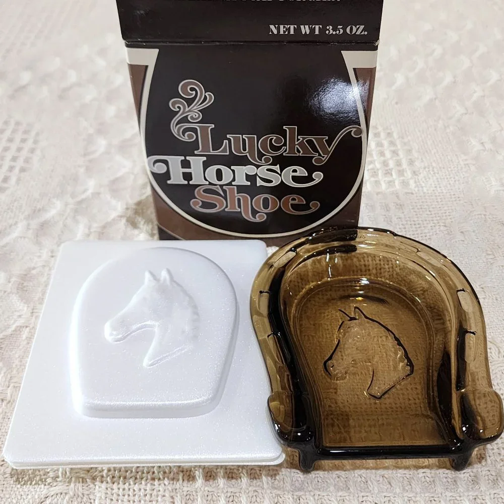 MCM Avon Lucky Horseshoe Glass Soap Dish + Scented Trazarra Horse Bar Soap